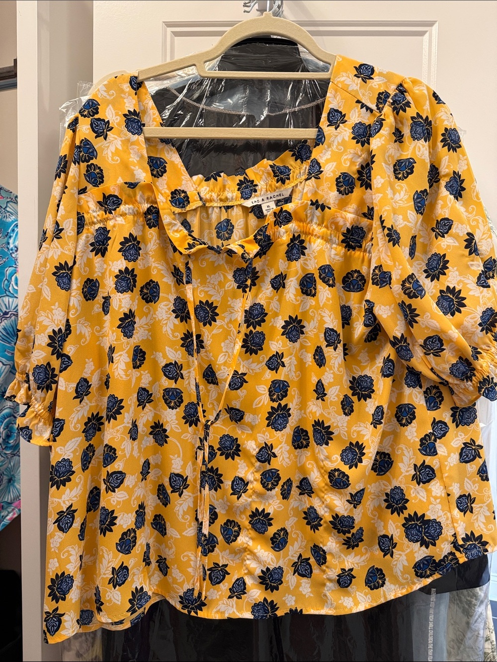 Zac & Rachel Yellow Tie-Neck Floral Peasant Tunic with Navy Print